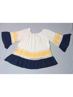 Kaktus 3/4 Sleeve Tunic Blouse Womens Size Medium White Yellow Navy Blue Lace...